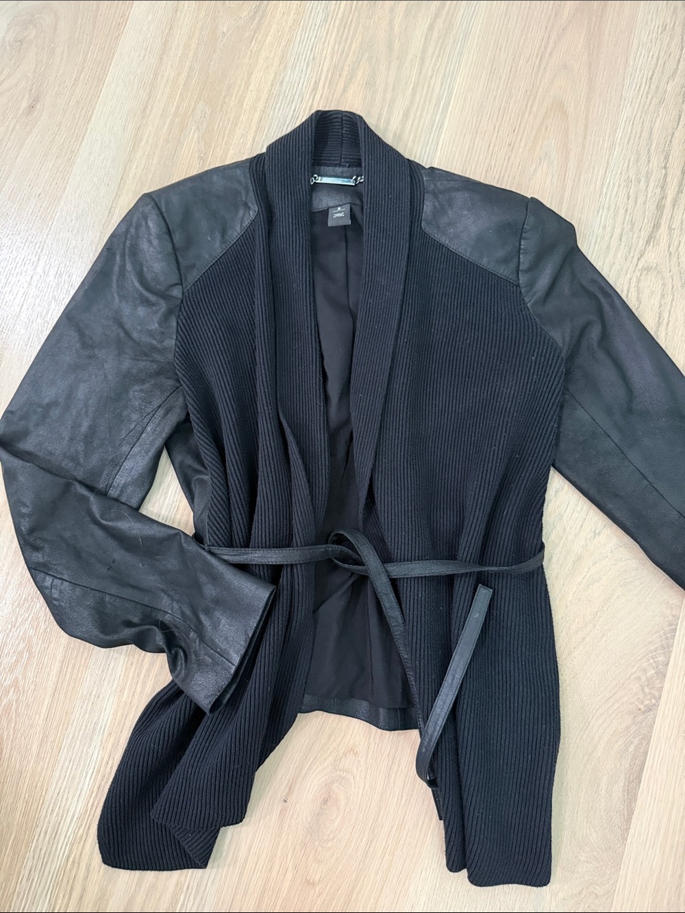 White House Black Market Genuine Leather & Ribbed Knit Belted Jacket Small
